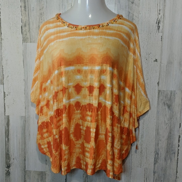 RUBY RD Orange Tie Dye Beaded Knit Dolman Career or Casual Top 1X Plus - Picture 2 of 11